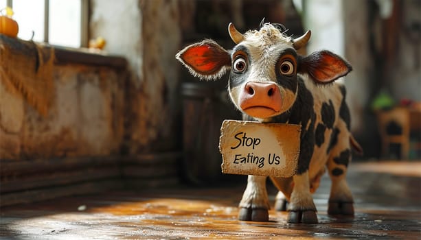 Cute sad cow by sign with the text "please don't eat me'' Cross Cut of Animal Meat with banned import, contaminated, no eating of meat like vegans or more. Cute animation. Meat industry,vegetarian concept animals"