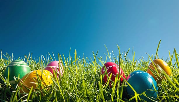 Happy Easter holidays background, decorated eggs on green grass under blue cloudy sky. Eggs hunting on lawn, Easter games on green field with grass blades banner with copy space. Happy Easter Holiday design Space for text