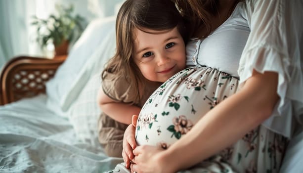 Woman standing and cute child touching with hands her big belly. Emotional loving pregnancy time 37 weeks. Baby expectation. Love, happiness and safety concept. Closeup. Happy family embrace