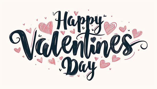 Valentine's greeting background design. Happy valentine's day text with elegant hearts decoration for valentine card. illustration. Pink colorful hearts flat lay against white background.