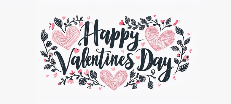 Valentine's greeting background design. Happy valentine's day text with elegant hearts decoration for valentine card. illustration. Pink colorful hearts flat lay against white background.