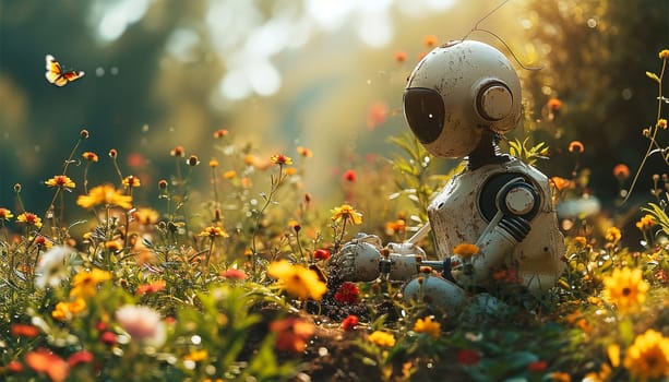 Robot picking flowers in wildflower field. AI face profile. Artificial intelligence in humanoid head take in hand artificial robotic flower. Sci-fi future concept. Computer neural network learns world. AI with Digital Brain analysis.