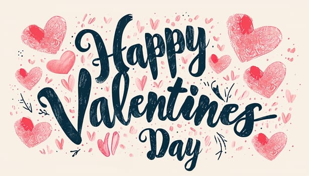 Valentine's greeting background design. Happy valentine's day text with elegant hearts decoration for valentine card. illustration. Pink colorful hearts flat lay against white background.