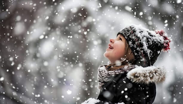 Winter concept. Child having fun in snow fall. winter clothes walks during a snowfall. Outdoors winter activities for kids. Cute child wearing a warm hat low over his eyes catching snowflakes cute