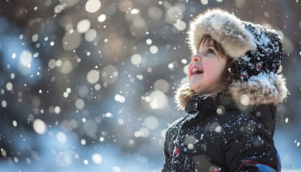 Winter concept. Child having fun in snow fall. winter clothes walks during a snowfall. Outdoors winter activities for kids. Cute child wearing a warm hat low over his eyes catching snowflakes cute