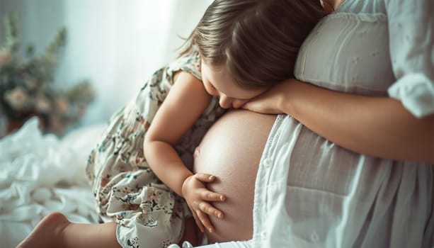 Woman standing and cute child touching with hands her big belly. Emotional loving pregnancy time 37 weeks. Baby expectation. Love, happiness and safety concept. Closeup. Happy family embrace