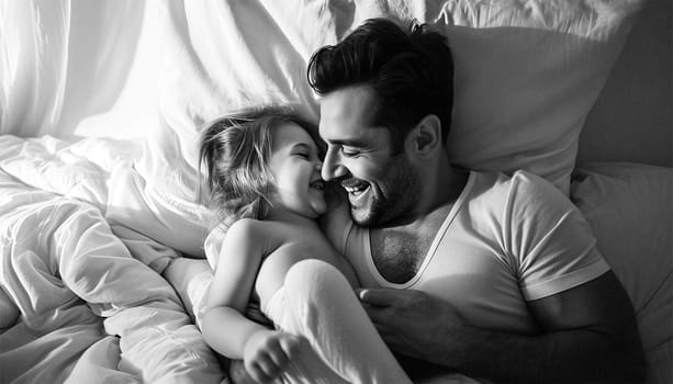 Happy Loving Family. Dad hugging his little daughter and laughing. Dad and child having fun together in white bedroom. I love you dad,Fathers Day,family concept beauty