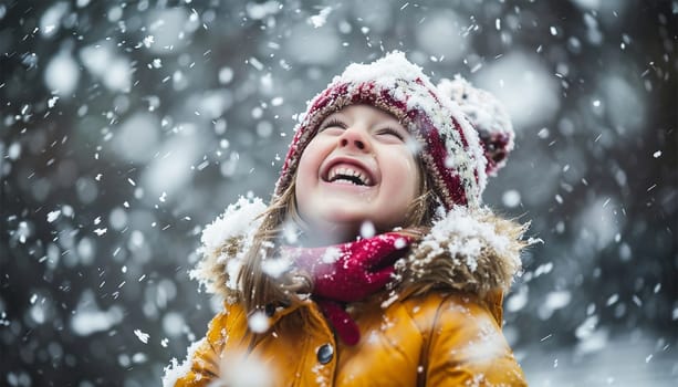 Winter concept. Child having fun in snow fall. winter clothes walks during a snowfall. Outdoors winter activities for kids. Cute child wearing a warm hat low over his eyes catching snowflakes cute