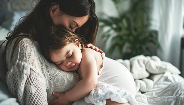Cute little child hug cuddle excited young mum show love and affection, smiling mother and funny small preschooler kid have fun at home embrace sharing close tender moment together love