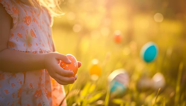 Easter egg hunt. Little child hunting for colorful painted eggs in spring garden on Easter day. Traditional Easter festival outdoors. Focus on multicolor eggs. Sunlight in the spring. Happy Easter Holiday Copy space