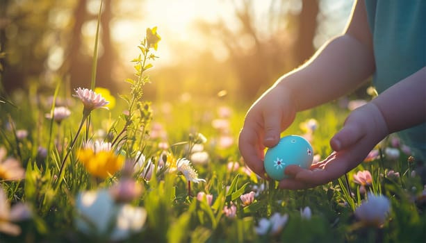 Easter egg hunt. Little child hunting for colorful painted eggs in spring garden on Easter day. Traditional Easter festival outdoors. Focus on multicolor eggs. Sunlight in the spring. Happy Easter Holiday Copy space