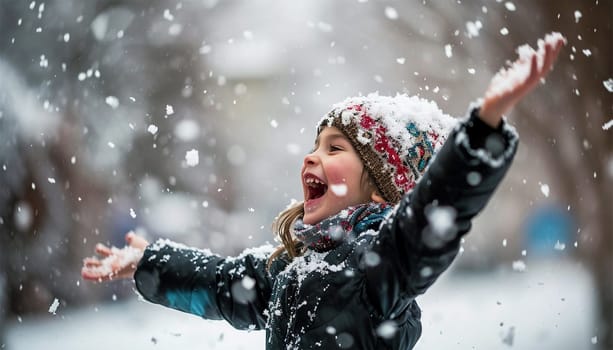 Winter concept. Child having fun in snow fall. winter clothes walks during a snowfall. Outdoors winter activities for kids. Cute child wearing a warm hat low over his eyes catching snowflakes cute