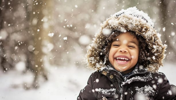Winter concept. Child having fun in snow fall. winter clothes walks during a snowfall. Outdoors winter activities for kids. Cute child wearing a warm hat low over his eyes catching snowflakes cute