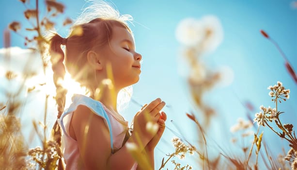 Child picking wild flowers in field. Kids play in a meadow and pick flower bouquet for mother on summer day. Children playing on a farm. Toddler girl outdoors in spring. Family vacation in the country Sunny bright sky Cute