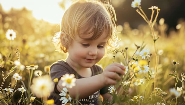 Child picking wild flowers in field. Kids play in a meadow and pick flower bouquet for mother on summer day. Children playing on a farm. Toddler girl outdoors in spring. Family vacation in the country Sunny bright sky Cute