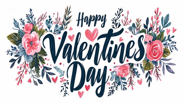 Valentine's greeting background design. Happy valentine's day text with elegant hearts decoration for valentine card. illustration. Pink colorful hearts flat lay against white background.