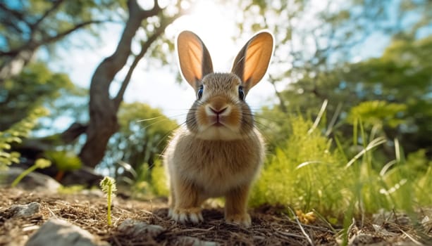 healthy Lovely bunny Easter fluffy brown rabbits, Adorable baby rabbit on green garden nature background. The Easter brown hares. Close - up of a rabbit. Symbol of Easter festival animal. in green grass