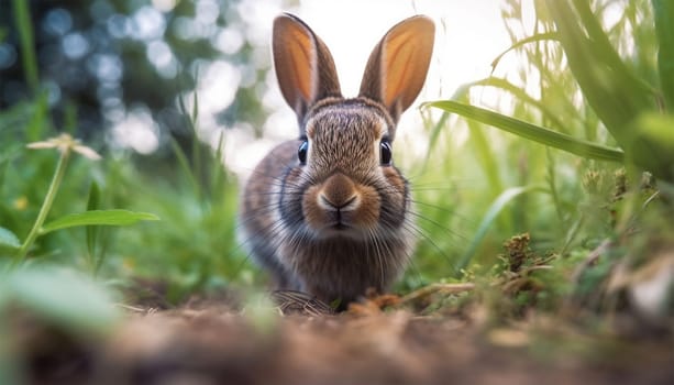 healthy Lovely bunny Easter fluffy brown rabbits, Adorable baby rabbit on green garden nature background. The Easter brown hares. Close - up of a rabbit. Symbol of Easter festival animal. in green grass