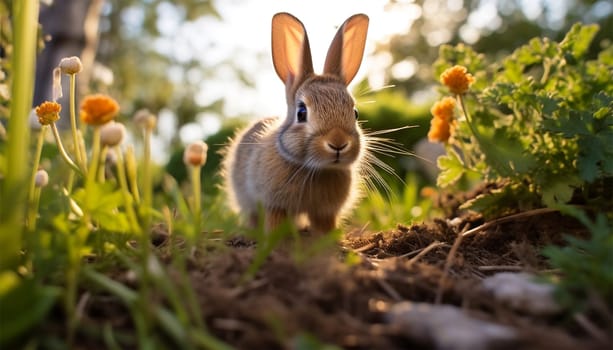 healthy Lovely bunny Easter fluffy brown rabbits, Adorable baby rabbit on green garden nature background. The Easter brown hares. Close - up of a rabbit. Symbol of Easter festival animal. in green grass