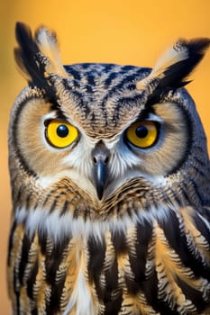 A captivating close up photo of an owl with intense yellow eyes, showcasing its awe-inspiring beauty.
