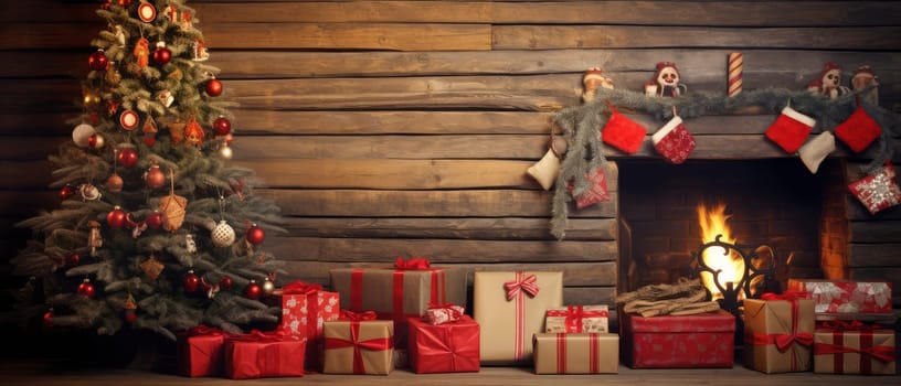 Experience the joy of the holiday season with a beautifully decorated Christmas tree adorned with presents, perfectly positioned in front of a cozy fireplace.