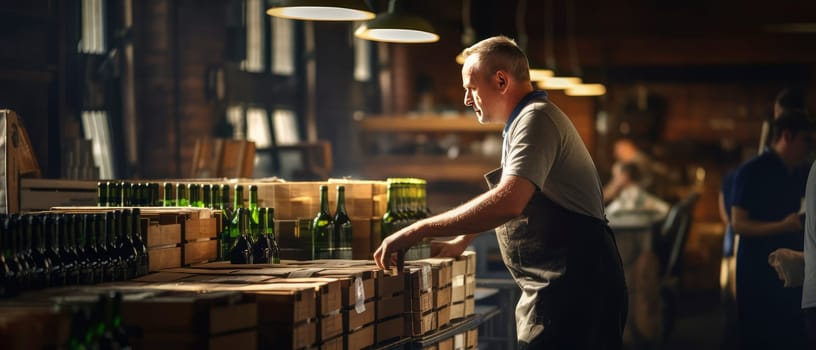 A man stands next to a table overflowing with various bottles of wine.
