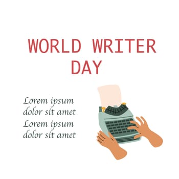 human hand writing on typewrite, writer day banner with copy space. Vector illustration isolated. Retro vintage style.