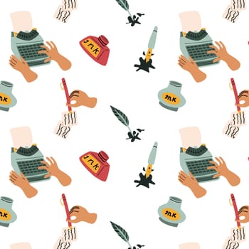 hand typewriting, ink and feather background. Vector illustration can used for writer, poetry day banner, wallpaper, poster. Seamless pattern with typewrite.