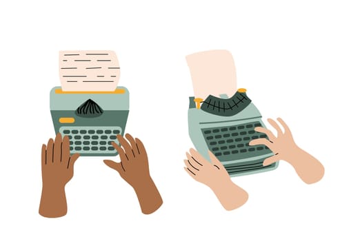 set of human hands with different skin writing on typewrite, author concept. Vector illustration isolated. Retro vintage style. Can used for world writer. copywriter day banner.