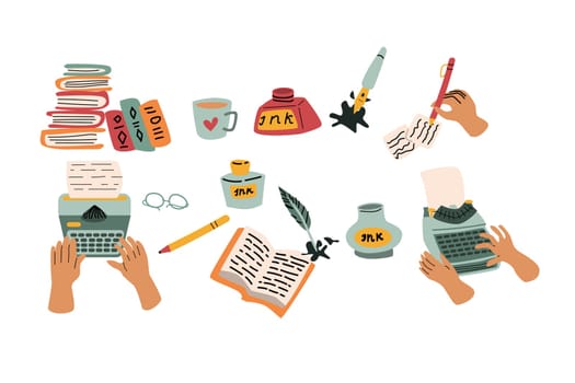 big set of writing equipment tools in retro style. human hand writing on typewrite, books, mug with tea or coffee, author, poetry concept. Vector illustration isolated.