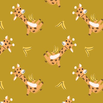 cartoon animals giraffe and banana seamless background. Vector illustration isolated. Can used for baby textile, poster, wallpaper.