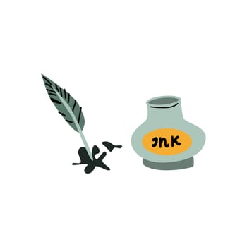 ink and feather - writing tool with spot. Can used for author, poetry concept. Vector illustration isolated. Retro vintage style. Can used for world writer, poetry day banner.