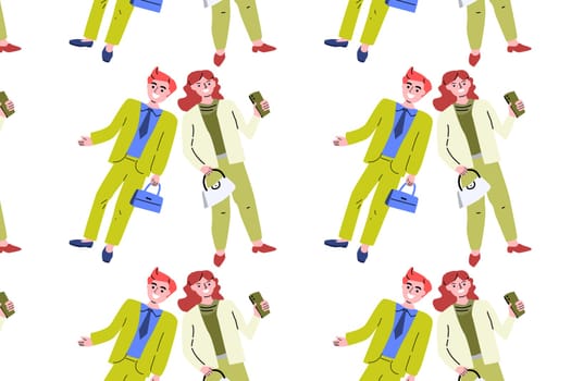 Seamless pattern of people. Man and woman are standing with suitcase. Smiling happy man, woman. Businessman, businesswoman. People in business and sports casual wear. Vector illustration