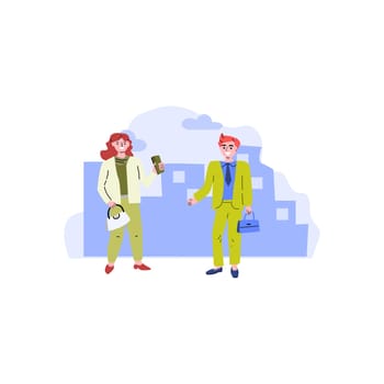 business meeting in city of young woman and man. Vector illustration isolated.