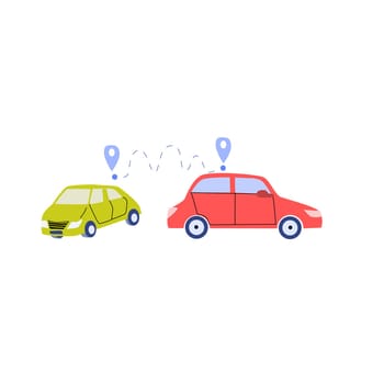 vector of cars and navigation pins. Vector illustration isolated.