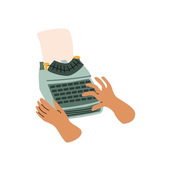 human hand writing on typewrite. Writing concept. Vector illustration isolated. Retro vintage style. Can used for world writer, journalist day banner.