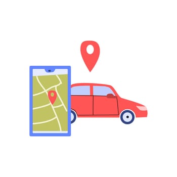 automobile vehicle and mobille app with map and location mark. Can used for car sharing servise, rent automobile concept.