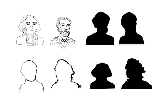 Hand drawn portrait of george washington and abraham lincoln and silhouette portrait. Vector illustration can used for president day, independence day, washington day banner.