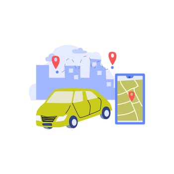 automobile vehicle and mobille app with map and location mark. cityscape background horizontal. Vector illustration with location mark and track. Can used for car sharing servise, rent automobile concept.