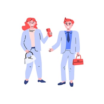 young woman and man in blue suit talking and standing. Vector illustration isolated. Can used for concept background, cards, posters.