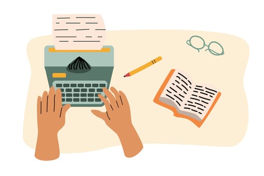 human hand writing on typewrite, working place, author, poetry concept. Vector illustration isolated. Retro vintage style. Can used for world writer. copywriter day banner.