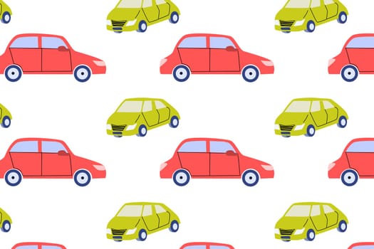 Car collection childish pattern. Auto side view. Red and green automobile seamless background. Vector illustration in flat style. Can using for kids boy textile, poster, greeting card.