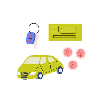 set of automobile vehicle and keys, money and card for rent transport. Vector illustration isolated. Can using for car sharing service, rent service, taxi service.