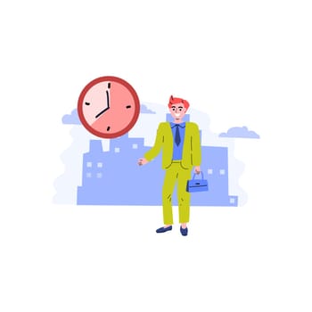 Business waiting - man in suit with clock standing. Vector illustration isolated. Cityscape horizontal background.