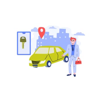 rent car sharing concept, transportation carsharing service . Vector illustration with modern cityscape background. man using mobile app ordering automobile vehicle with electronic key.