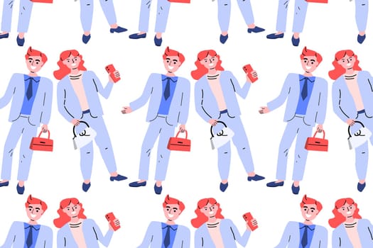 Seamless pattern of people. Man and woman are standing with suitcase. Smiling happy man, woman. Businessman, businesswoman. People in business and sports casual wear. Vector illustration