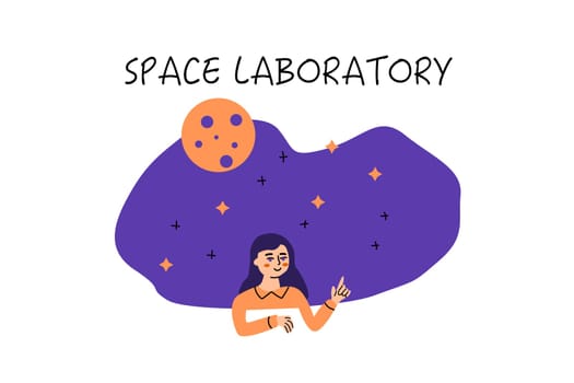 Woman points to the stars and moon space education banner. Vector illustration isolated.