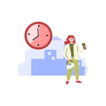 Business waiting - woman in suit with clock standing and using mobile app. Vector illustration isolated. Cityscape horizontal background.