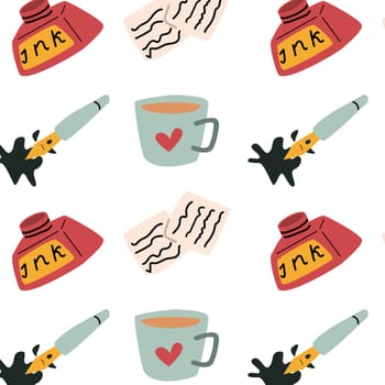 ink and cup of tea, notes background. Vector illustration in cartoon style isolated. writing seamless pattern.