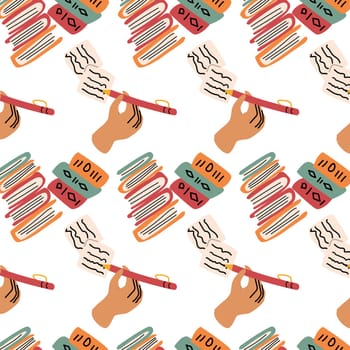 human hand writing and books seamless background. Vector illustration